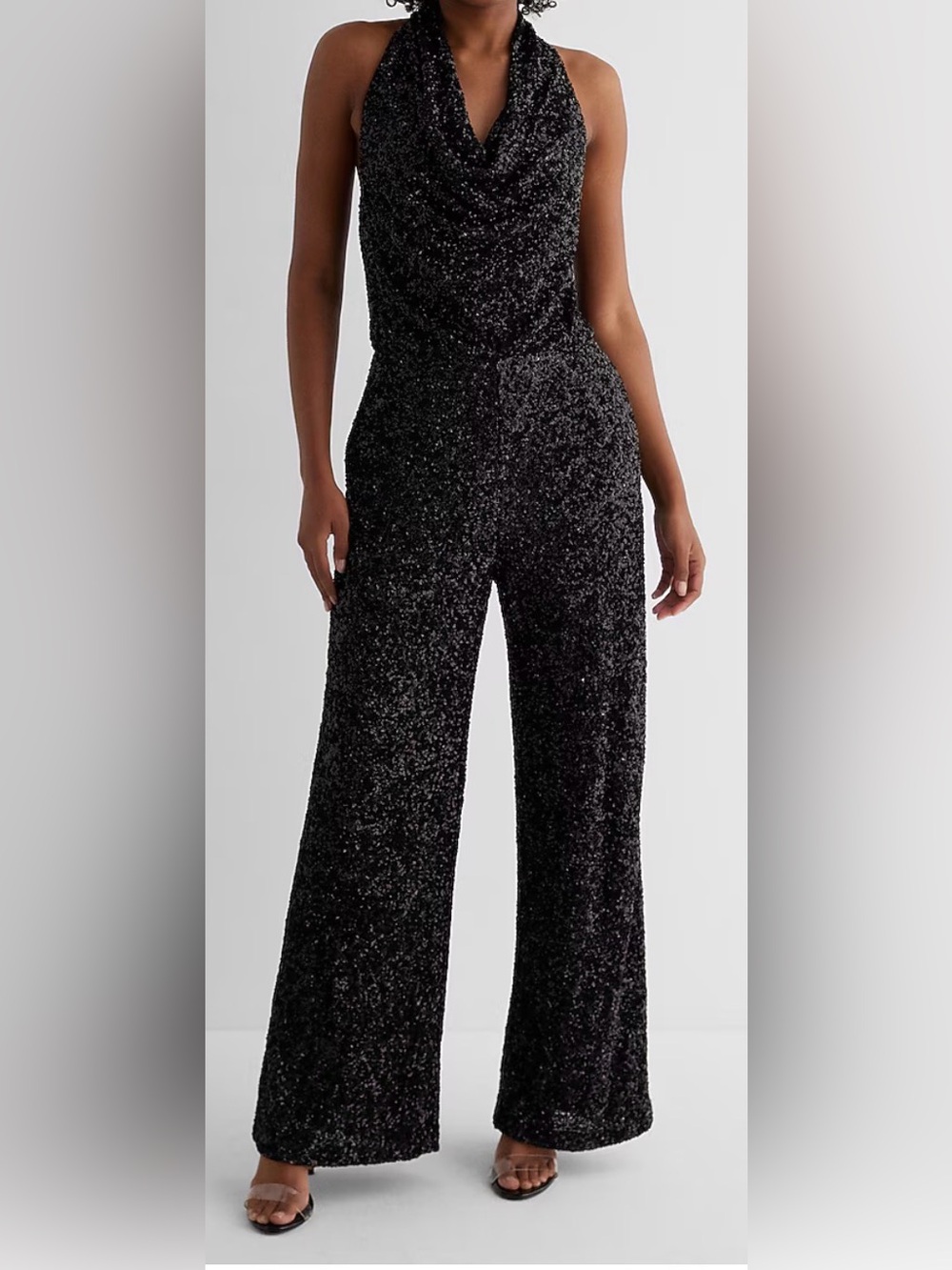 Express Sequin Halter Cowl‑Neck Wide‑Leg Jumpsuit — Pitch Black Retail $158.00